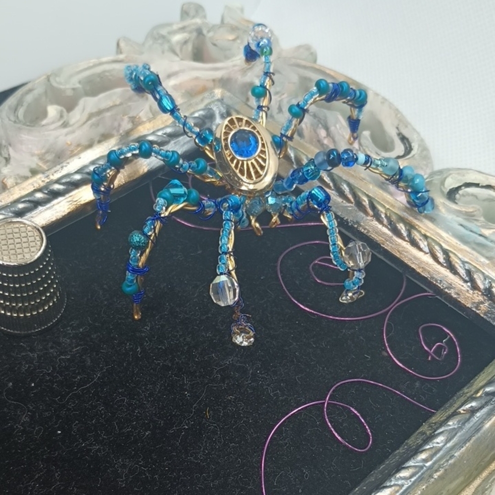 Hand Crafted Blue and Gold Beaded Spider Sculpture